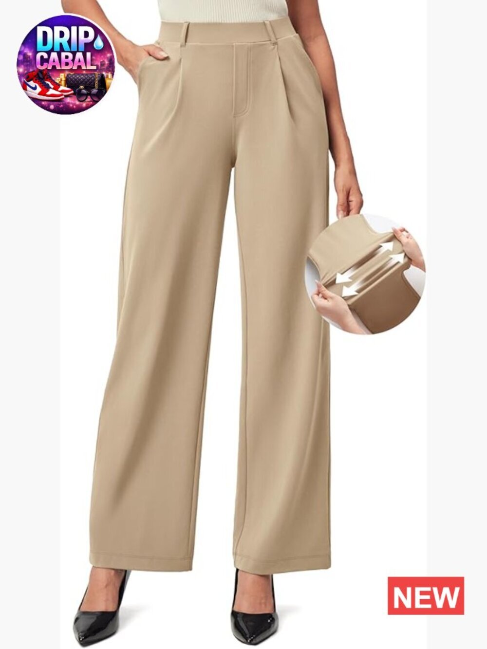 Wide Leg Pull On Stretchy Work Pants High Waisted Business Casual Trousers